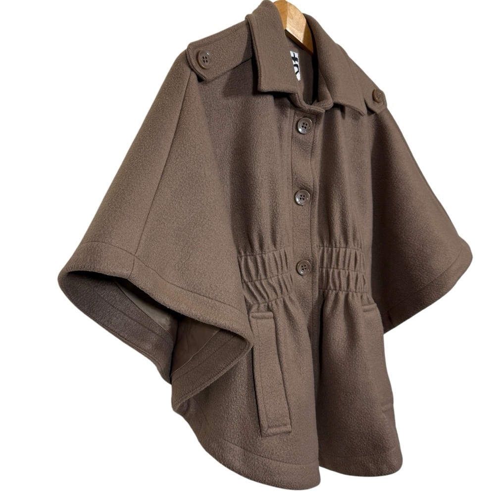 Staccato Women Lined Short Tan Brown Button Cape Pointed Collar Coat Jacket - Picture 2 of 7